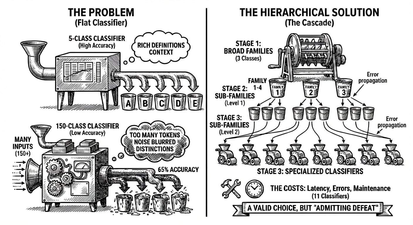 Flat classifier vs. hierarchical cascade — more classes means more noise and lower accuracy