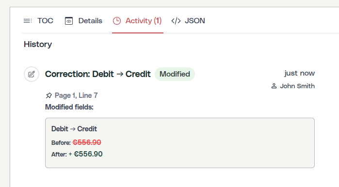 Activity log showing the correction